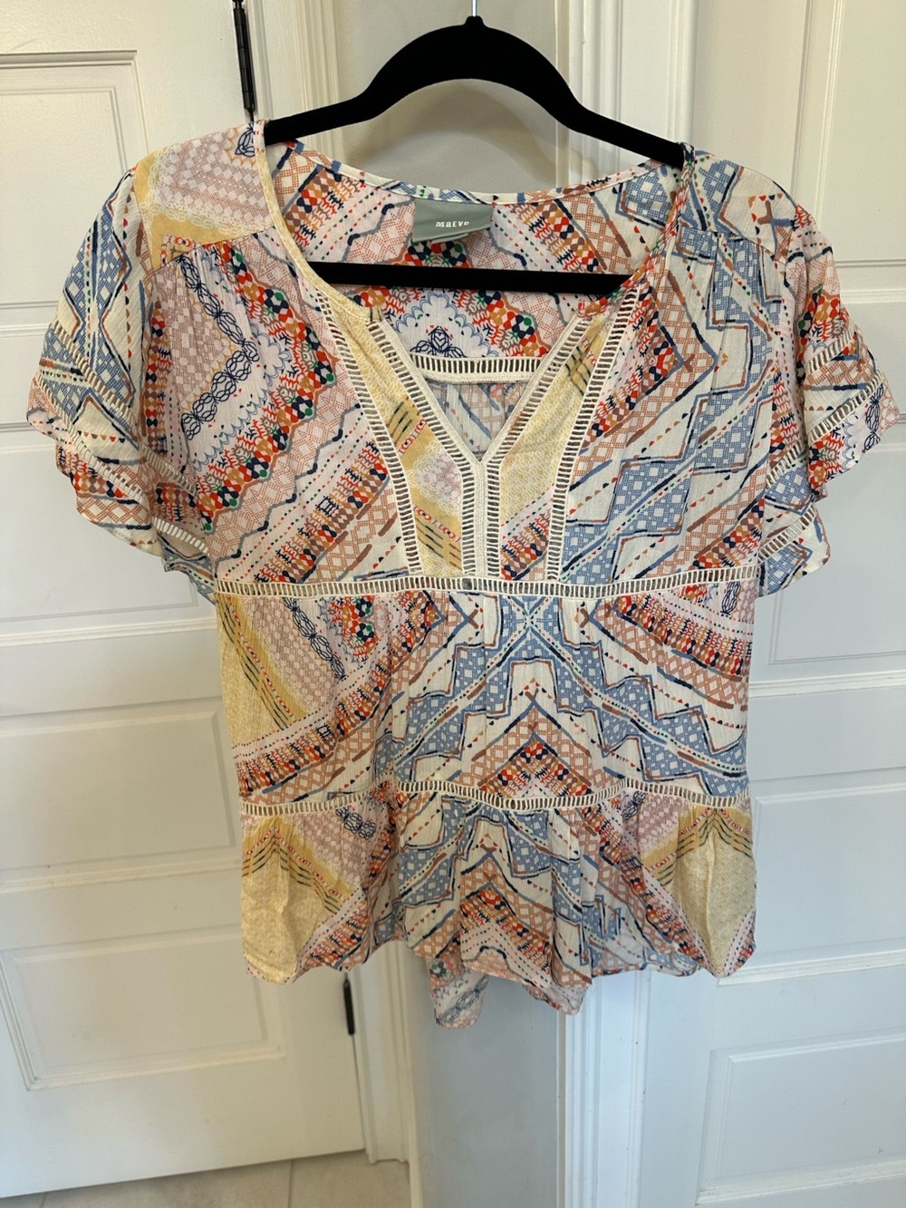 Anthropologie Maeve Mesa Patchwork V-Neck Colorful Blouse Shirt Sz S Lace Inset